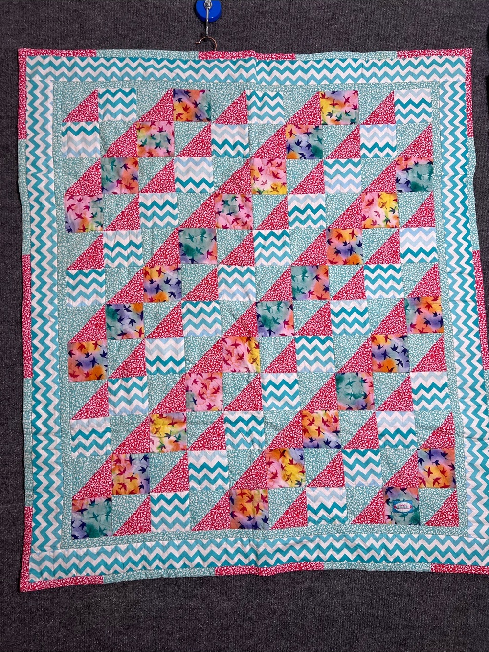 Colorful Chevron & Star Patchwork Quilt in Turquoise and Pink
